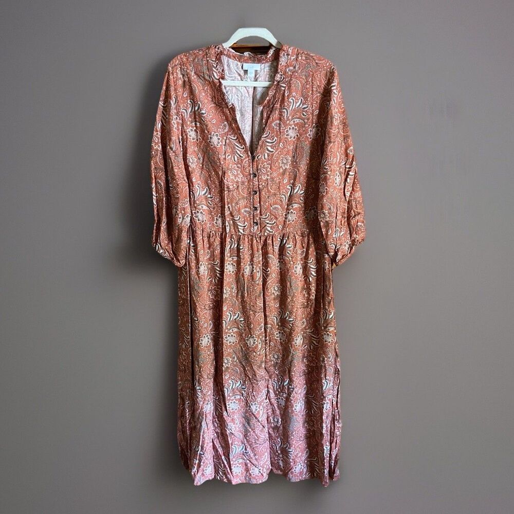 J. Jill Paisley Button-Front Midi Dress Sz XL 3/4 Sleeve Ruffle Collar Rust Red